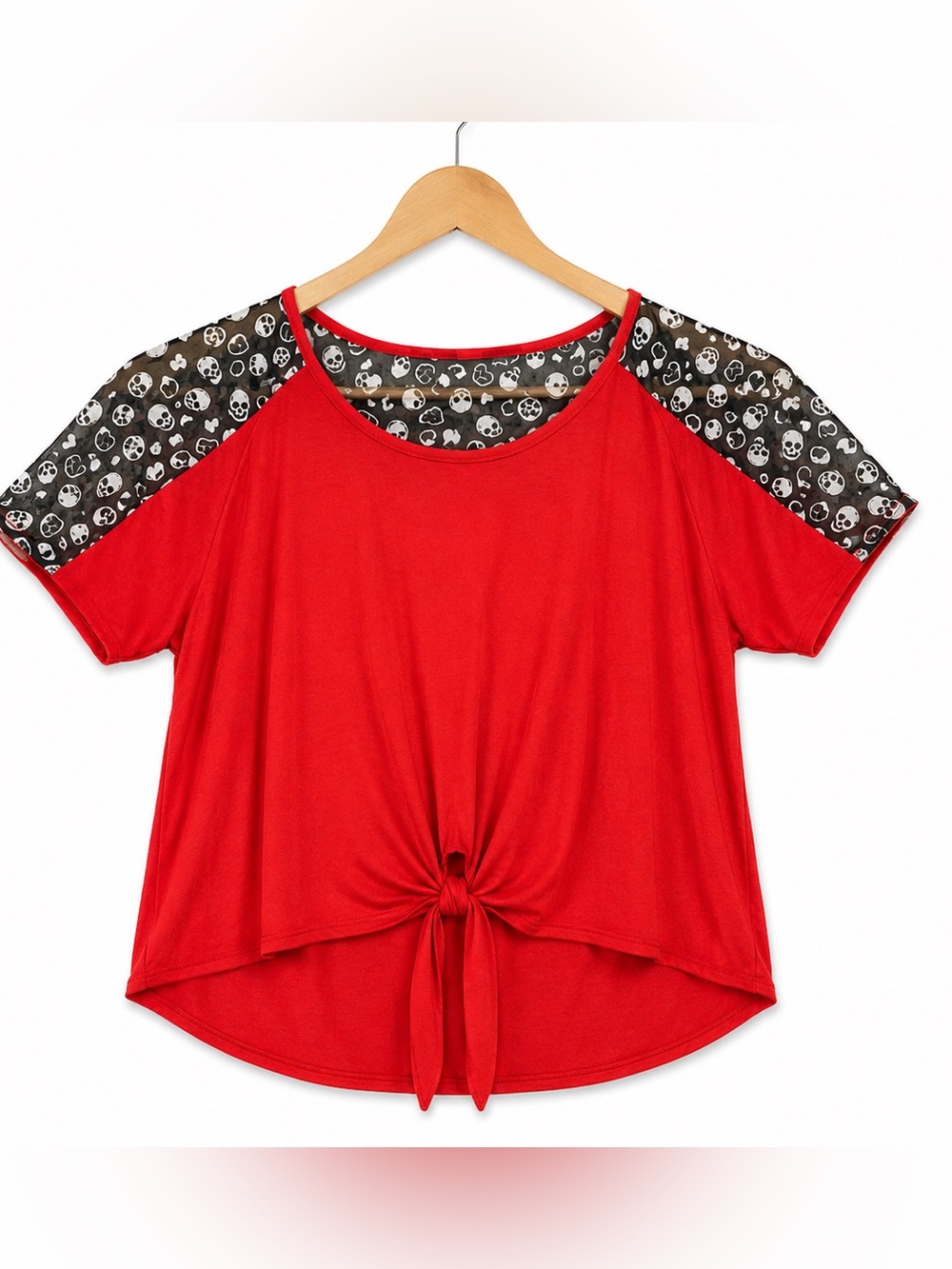 Red Skull & Heart Sheer Yoke Tie Front Top | Women’s Plus Size